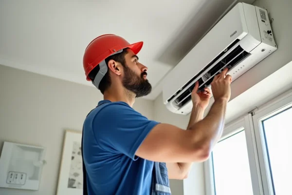 Electrician installing an air conditioner in a modern home