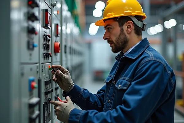 Commercial electrician working on industrial electrical panel with testing equipment