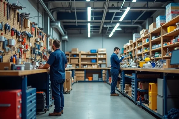 Modern electrical workshop with organized tools and equipment, clean workspace with electrician working at bench