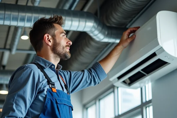 Technician maintaining commercial air conditioning system in a modern office building with exposed ductwork