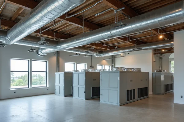 Custom HVAC installation in a large warehouse space with exposed ductwork and multiple units