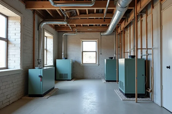 HVAC system upgrade and retrofit in progress, showing new energy-efficient equipment being installed alongside older systems