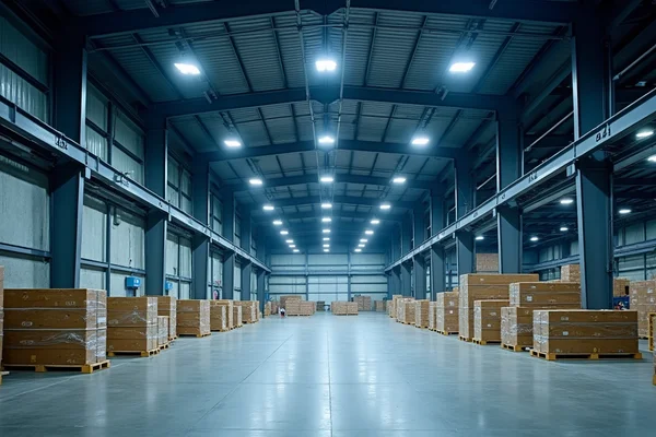 Warehouse with high-bay LED lighting illuminating large storage area with excellent visibility