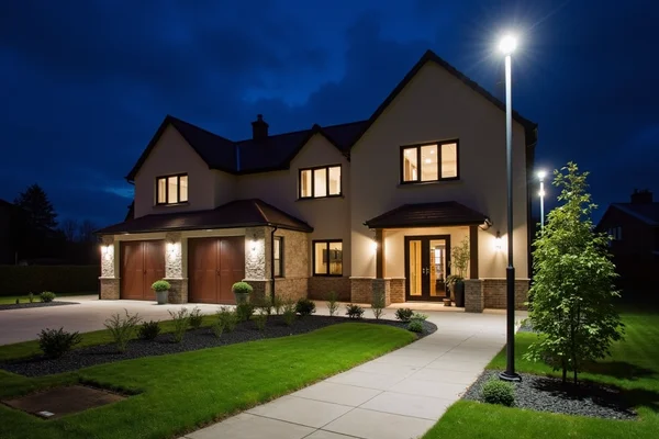 Outdoor commercial property with LED floodlights and pathway lighting ensuring security and safety