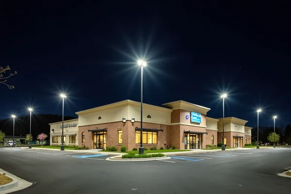 Commercial outdoor LED lighting installation for parking lot and building exterior