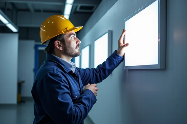 LED lighting maintenance and optimization service with technician checking fixture performance