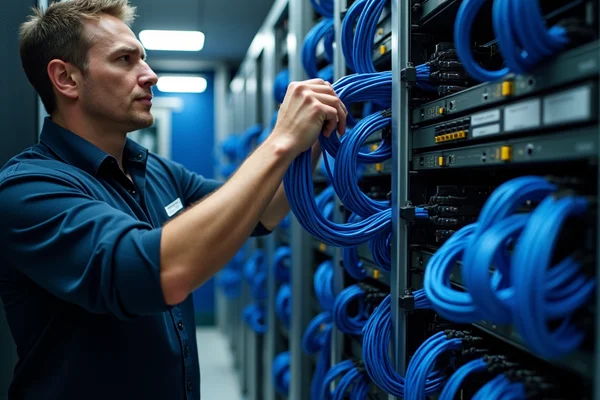 Technician installing structured data cabling in server room with rack mounted equipment and organized cable management