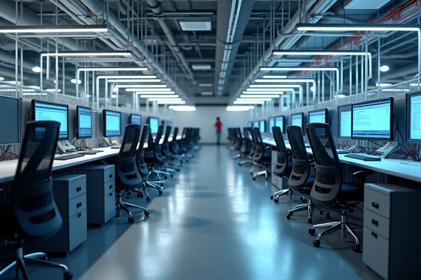 Office workspace with structured cabling system supporting multiple workstations and network connections with organized cable pathways