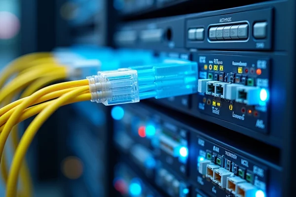 Fiber-optic cable installation in commercial building with termination panels and splice enclosures showing high-speed connectivity