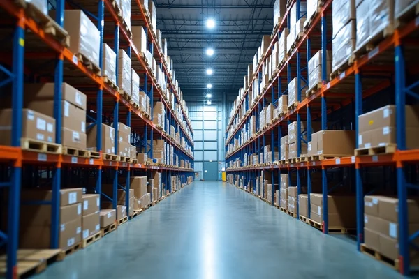 Warehouse distribution center with data network supporting inventory management and logistics operations with overhead cable trays