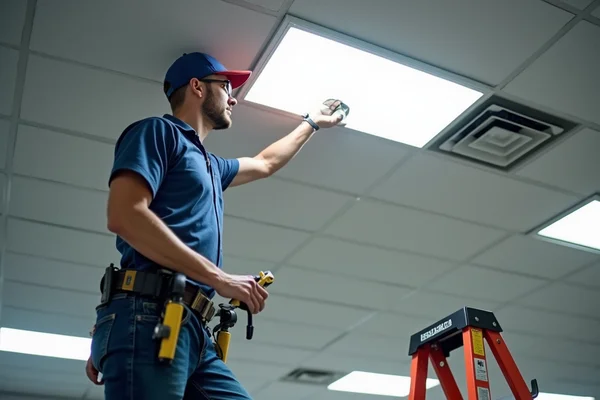 Licensed electrician installing emergency lighting fixture in commercial ceiling with ladder and tools