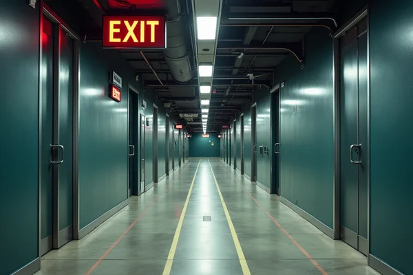 Commercial office building with an exit sign and emergency lighting along evacuation routes showing clear pathways