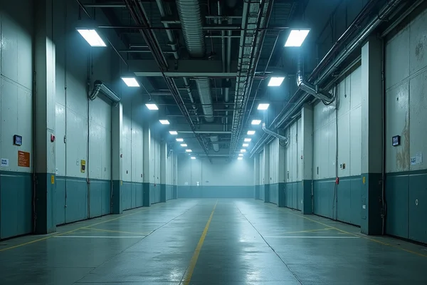 Industrial facility with hazardous area emergency lighting rated for explosive environments showing sealed fixtures