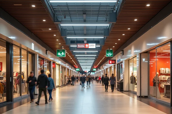 Retail shopping center with integrated emergency lighting and an exit sign for high occupancy spaces showing evacuation routes