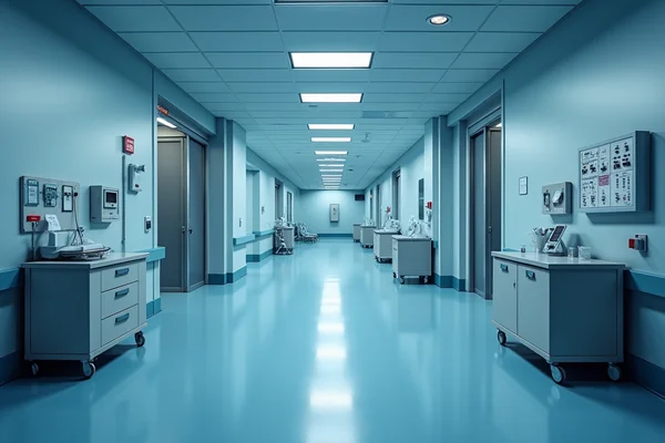 Healthcare facility with backup emergency lighting system for critical care areas showing dual power supply