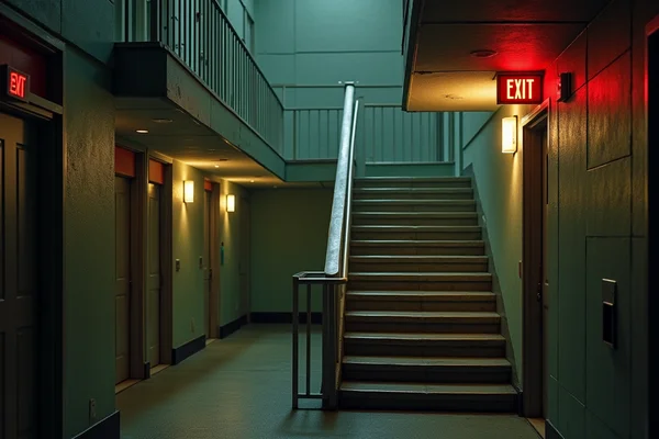 Multi-story residential building with stairwell emergency lighting and exit signage showing evacuation path