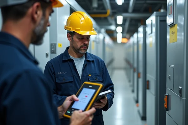 Energy auditor examining HVAC system in commercial building with diagnostic equipment