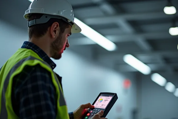 Lighting assessment during commercial energy audit with light meter and efficiency calculations