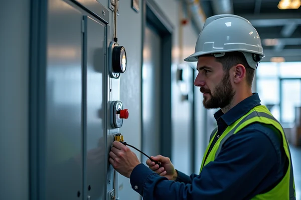 Technician installing IoT sensors for energy management and predictive maintenance in commercial facility