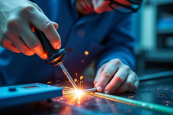 Technician performing precision fusion splicing of fiber optic cables with specialized equipment showing the arc fusion process
