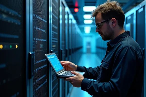 Engineer using Optical Time Domain Reflectometer (OTDR) equipment to test and certify fiber optic cabling installation in data center