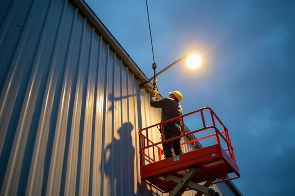 Electrician installing outdoor flood light on an industrial property using an elevated platform