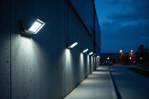 Industrial facility perimeter secured with motion-activated flood lights mounted on exterior walls