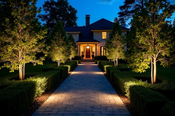 Landscape garden with artistic flood lighting highlighting architectural features and plants at night