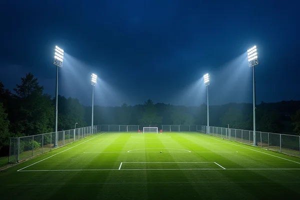 Sports field with high-performance flood light towers providing even illumination for night games