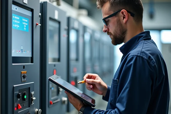 Professional technician programming advanced HVAC control system in a commercial building with tablet interface and control panel
