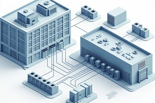 HVAC integration with building automation system showing centralized control interface with multiple building systems connected