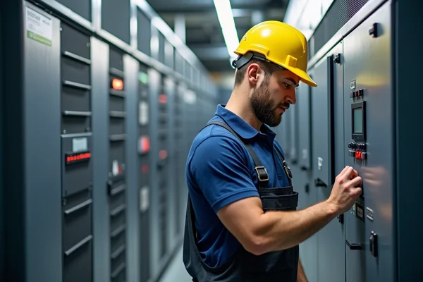 Technician performing maintenance and upgrades on HVAC control systems in commercial equipment room