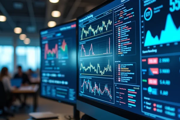 Building management system with integrated HVAC controls showing comprehensive dashboard with multiple system monitoring