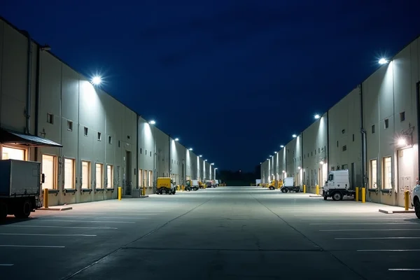 Industrial outdoor area with flood lights illuminating loading docks and vehicle maneuvering spaces at night