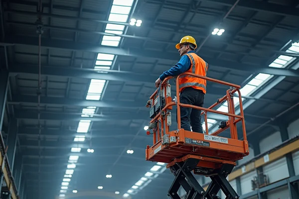 Industrial high-bay LED lighting installation in warehouse with electrician on lift platform