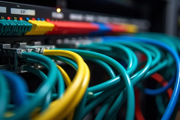 Organized network cables in a server rack with clean cable management showing colorful ethernet cables