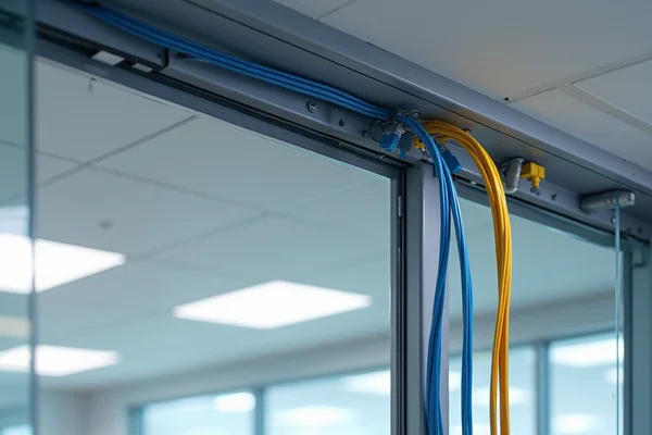 Professional installation of structured cabling with neat cable management in office ceiling