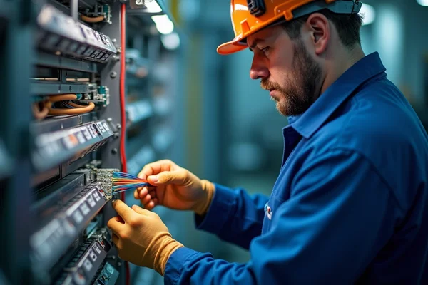 Fiber optic cable installation with technician splicing fibers in industrial setting