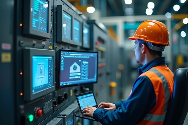 Engineer programming industrial PLC system with laptop connected to control panel in a manufacturing facility