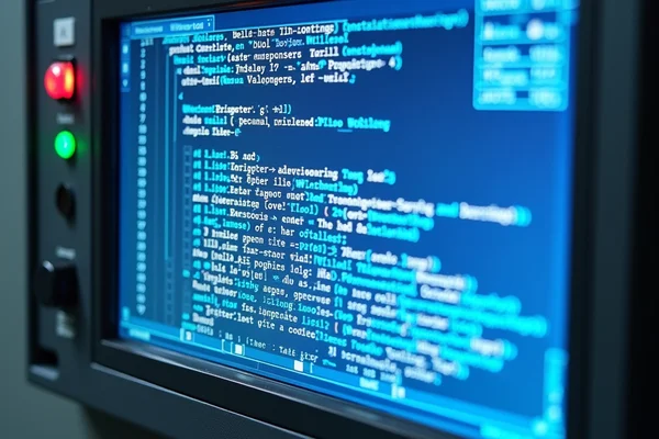 Custom PLC programming code on screen with ladder logic diagram for industrial automation
