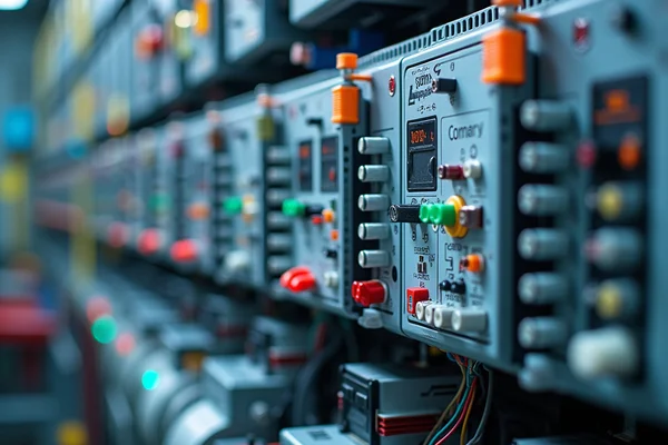 PLC system integrated with various sensors, motors, and automation devices in an industrial setting