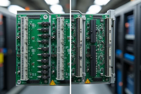 PLC system upgrade showing side-by-side comparison of legacy hardware being replaced with modern controllers