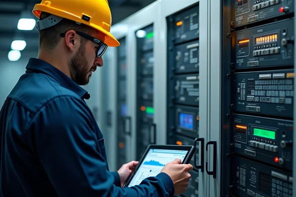 Engineer troubleshooting PLC system with diagnostic tools and real-time monitoring software