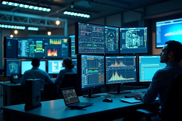 SCADA and HMI integration with PLC systems shown on multiple control room monitors displaying industrial processes
