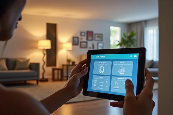 Residential smart home automation system with tablet showing lighting, climate, and security controls in a modern living room