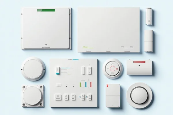 Collection of smart building components including IoT sensors, control panels, and automation devices