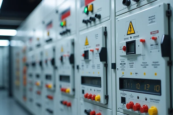Modern commercial switchboard with multiple circuit breakers, safety switches and digital monitoring equipment