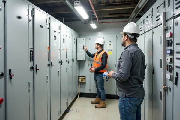 Commercial sub-main switchboard being installed in office building electrical room