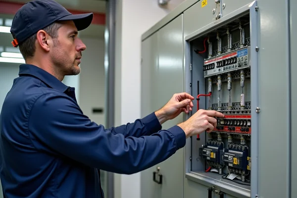 Electrician responding to an emergency call at night with service vehicle visible