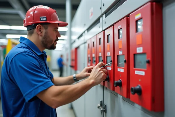 Commercial fire alarm system switchboard being installed in business complex